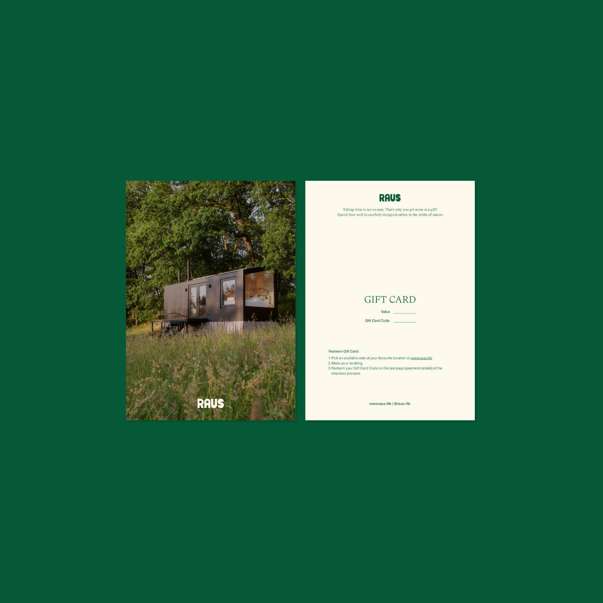 Raus gift card: front and back